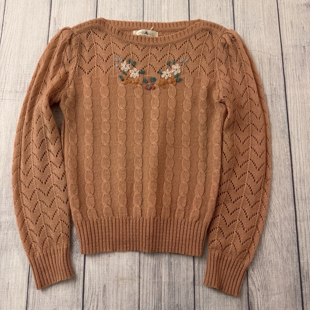 Vintage Collage Floral Embroidered Cable Knit Sweater Pointelle Puff Sleeve M